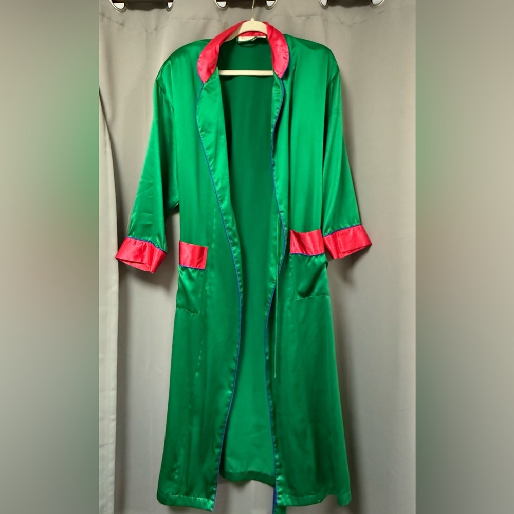 Vintage Victoria's Secret Gold Label Green Robe with Hot Pink Cuffs
